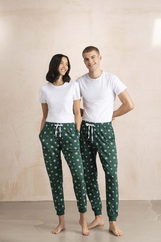 Bottle Green & White Snowflakes PJ / Lounge Bottoms - Kids & Adults