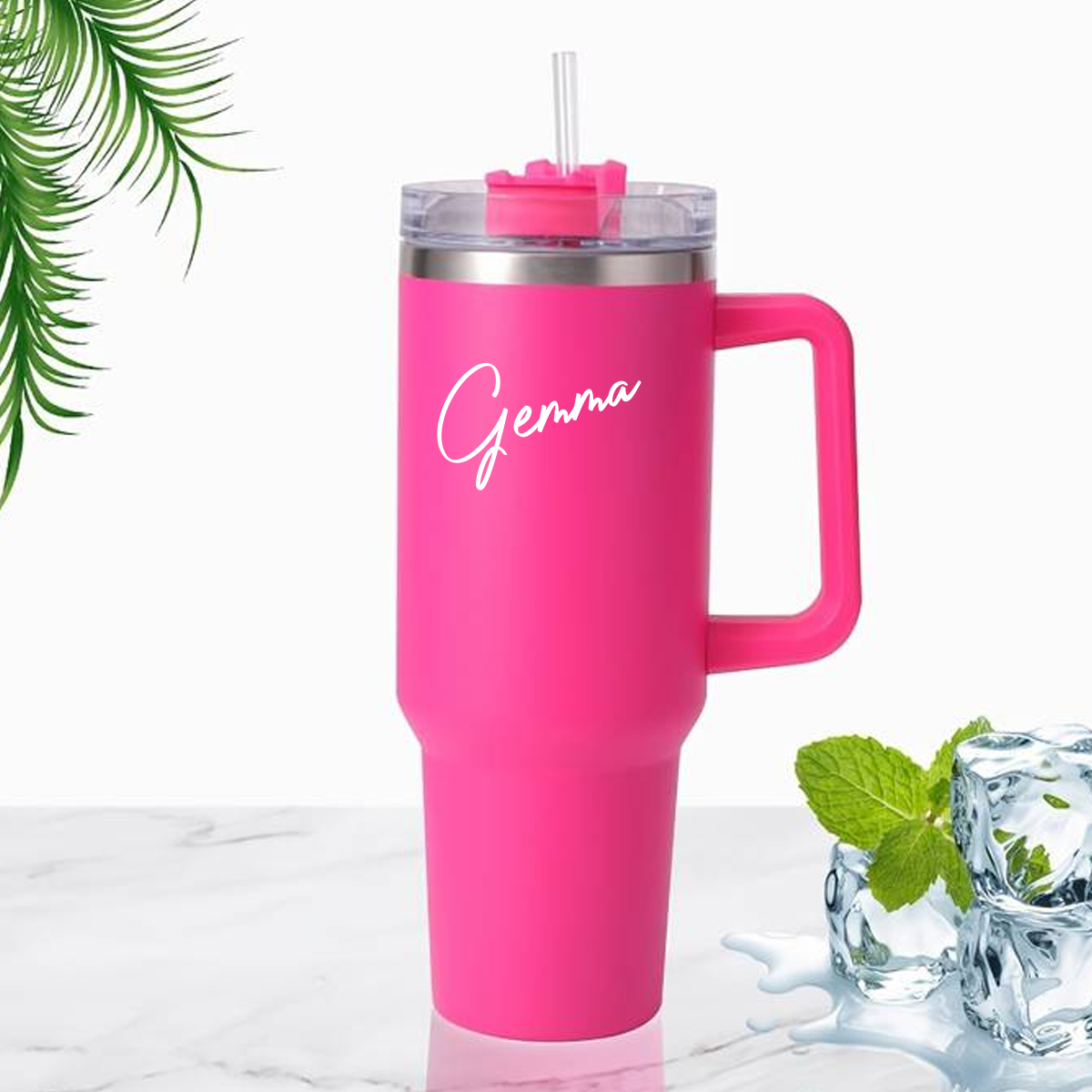 Personalised Hot Pink 40oz Double Walled Heavy Duty Water Bottle w/ Handle & Straw