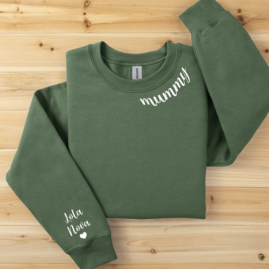 Personalised Neck Name with kids name(s) on sleeve Sweatshirt