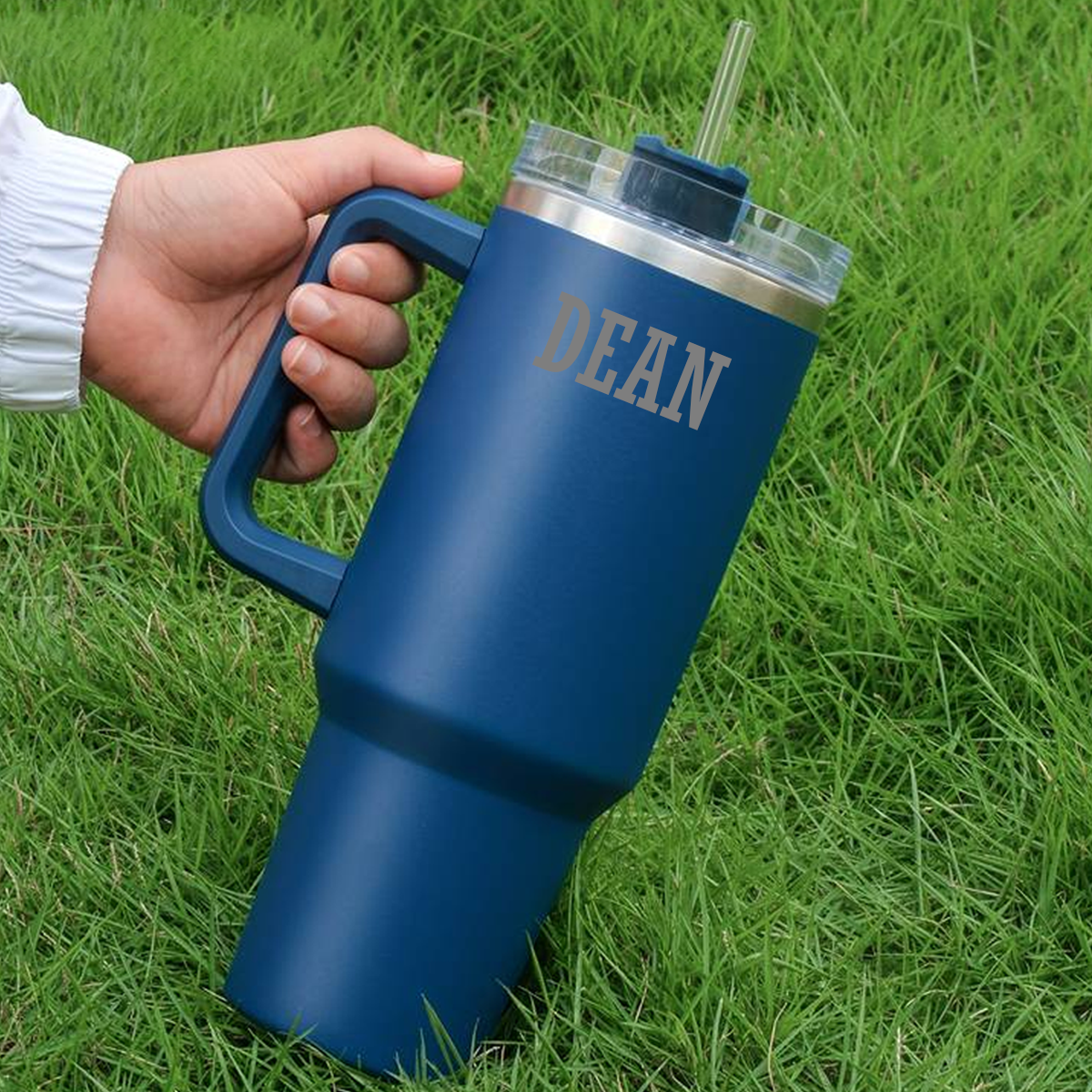 Personalised Navy 40oz Double Walled Heavy Duty Water Bottle w/ Handle & Straw