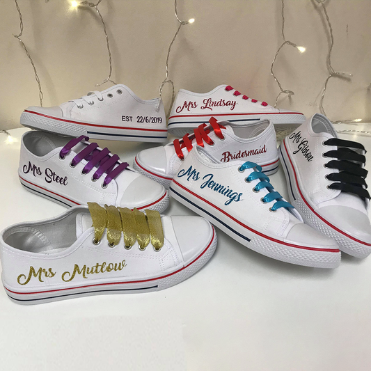 Personalised White Canvas Wedding Shoes - Matching Coloured Ribbon