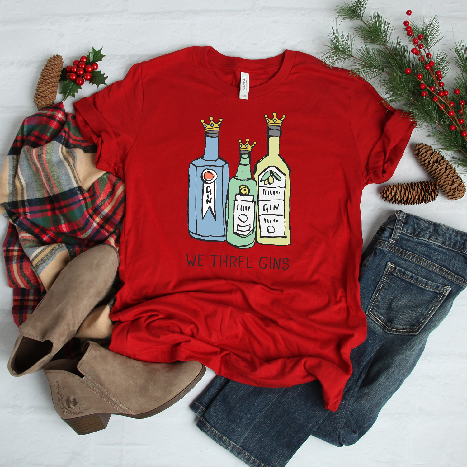 We Three Gins Red Christmas T Shirt A.C designs ltd