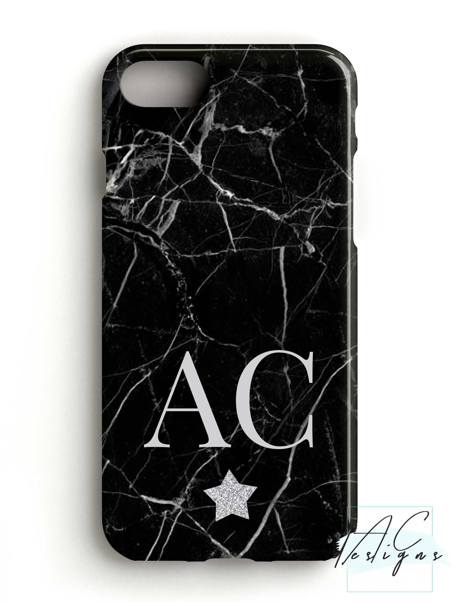 Black Marble Monogram Initials Phone Case with Glitter Star