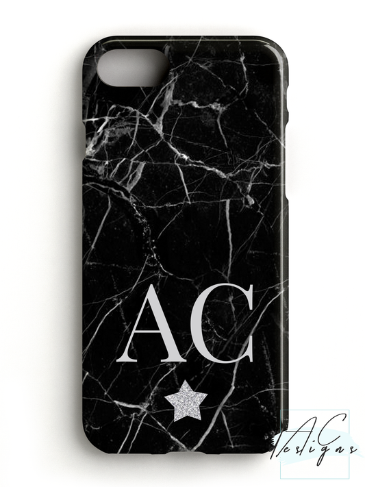 Black Marble Monogram Initials Phone Case with Glitter Star