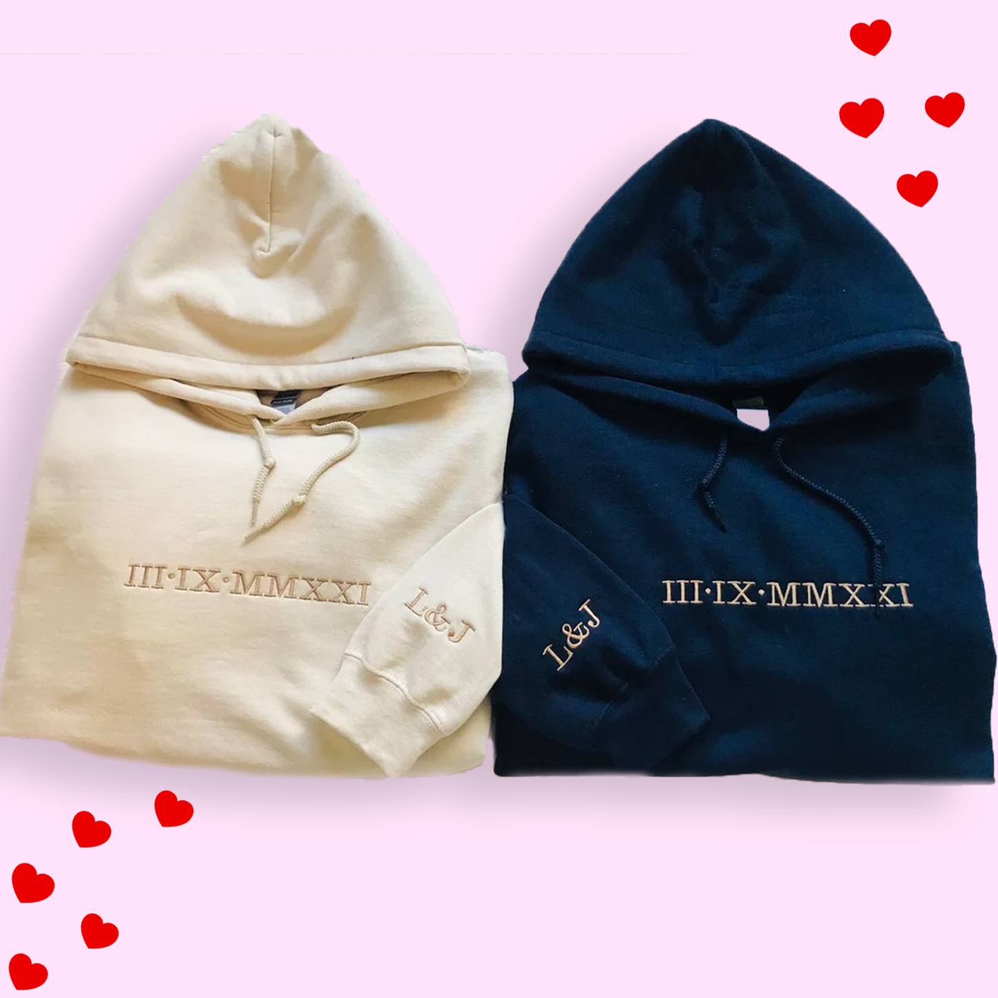 Personalised Anniversary Date in Roman Numbers & Initials on sleeve hoodie - couples gift
