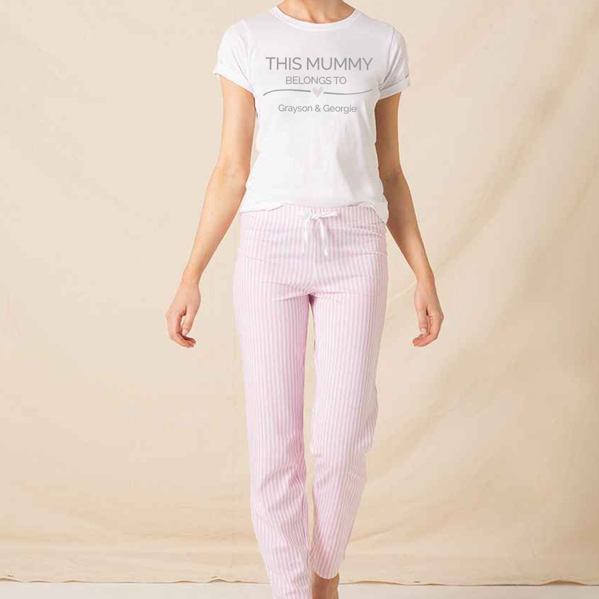 Personalised This Mummy Belongs To - Pink White Striped PJs Pyjamas Set