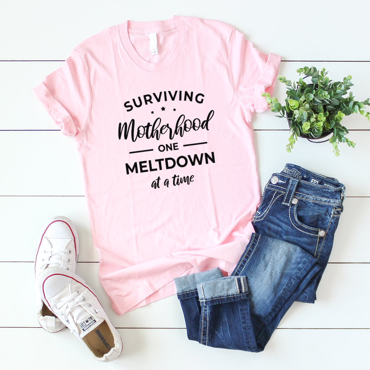 Surviving Motherhood one meltdown at a time pink t shirt A.C