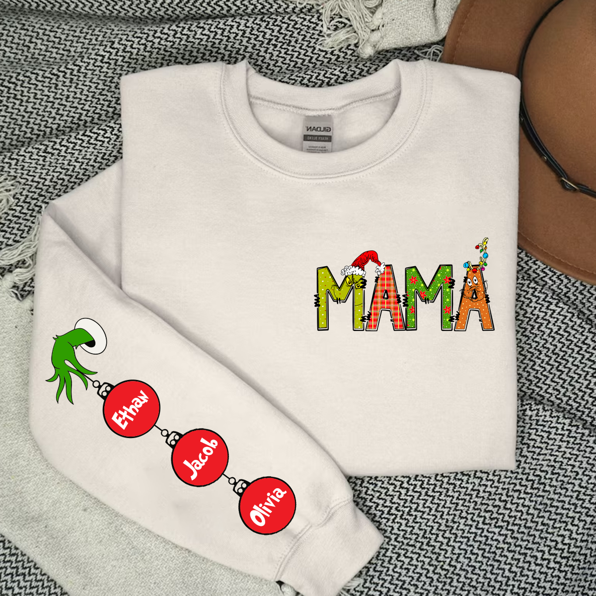 Personalised Festive Grinch Mama/Nanny Sweatshirt with the Kids Names on sleeves!