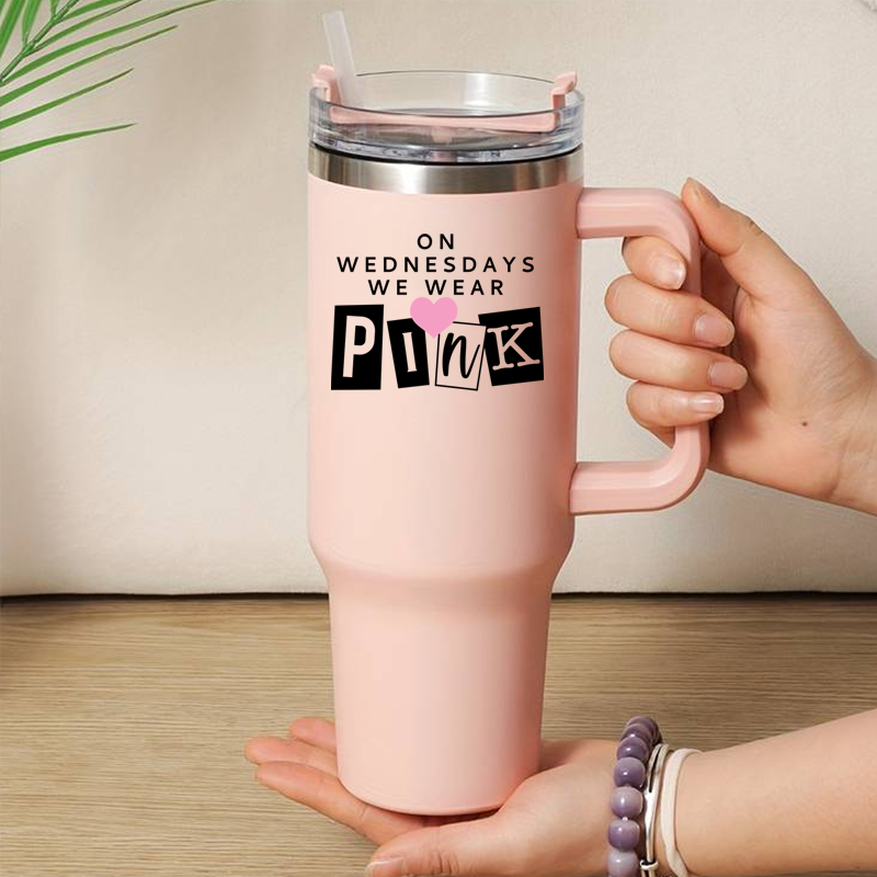 On Wednesdays We Wear Pink 40oz Double Walled Heavy Duty Water Bottle w/ Handle & Straw