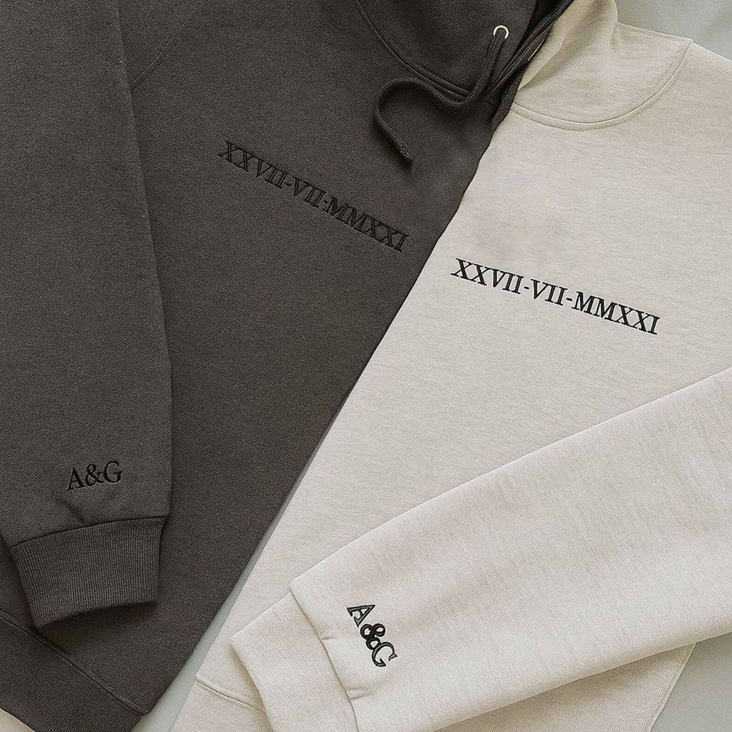 Custom Anniversary Date in Roman Numberals & Initials on sleeve hoodie - couples gift EMBROIDERED NOT AVAILABLE
