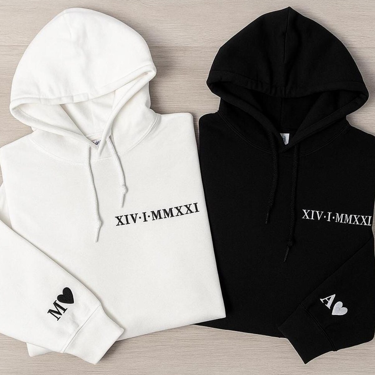 Custom Anniversary Date in Roman Numberals & Initials on sleeve hoodie - couples gift EMBROIDERED NOT AVAILABLE