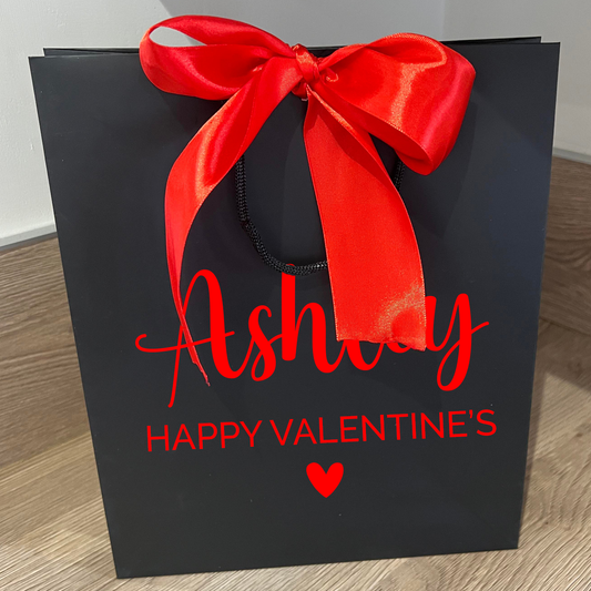 Personalised Happy Valentine's Black Gift Bag with red Ribbon - different size options