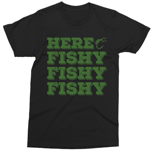 Here Fishy Fishy Fishy black t-shirt (kids, mens & ladies sizes available)