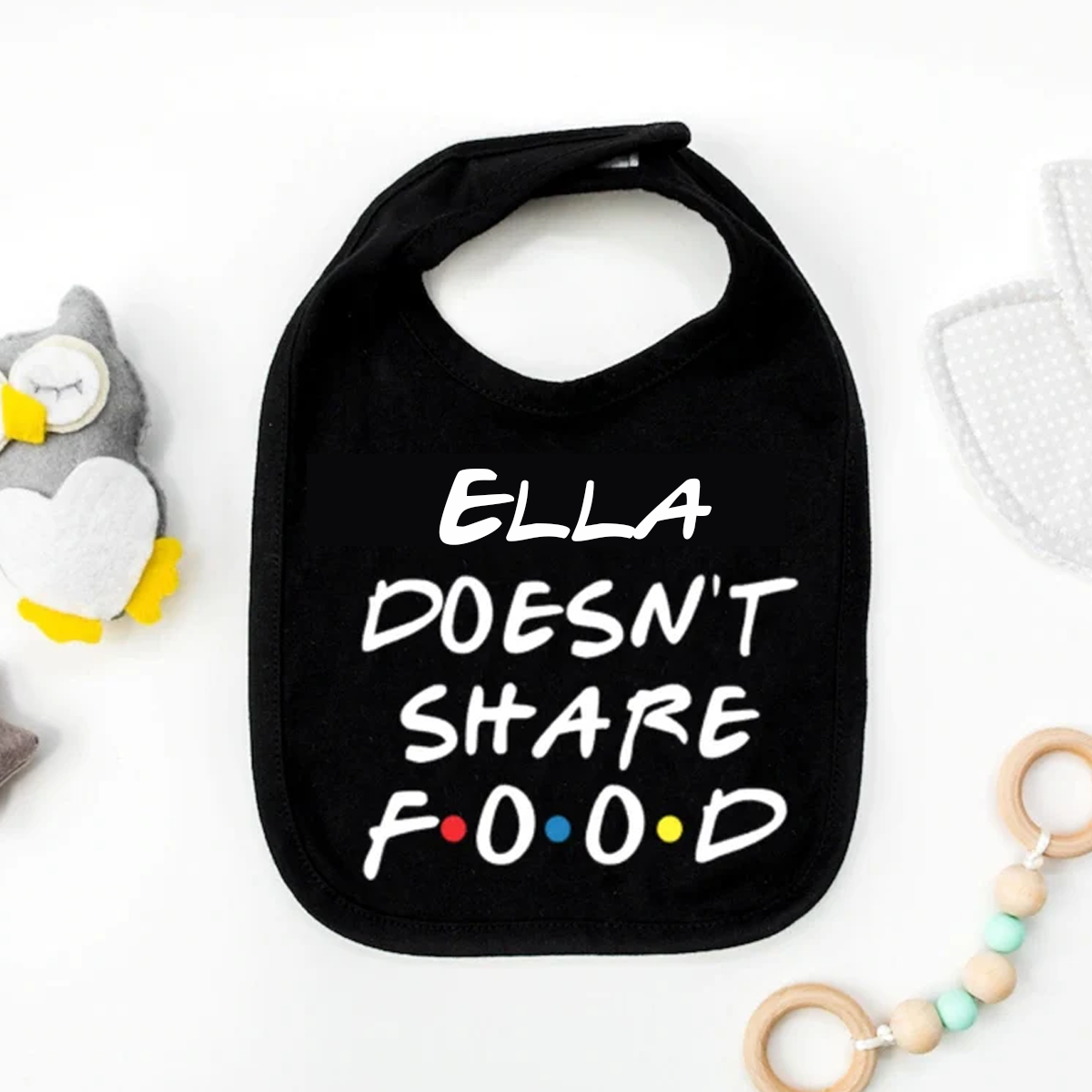 Personalised Doesn't Share Food Funny FRIENDS Black Baby Bib Feeder