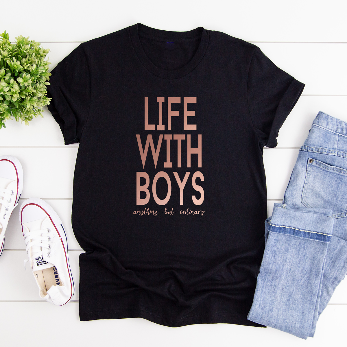 Life With Boys - anything but ordinary slogan - casual black t-shirt