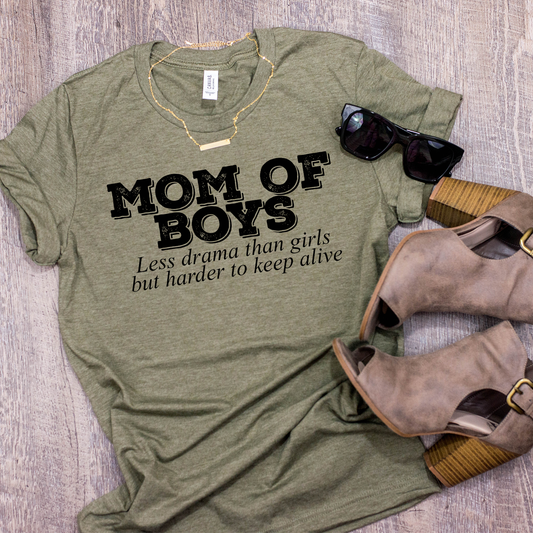 MOM OF BOYS - Less Drama than girls but harder to keep alive khaki green t-shirt - USA