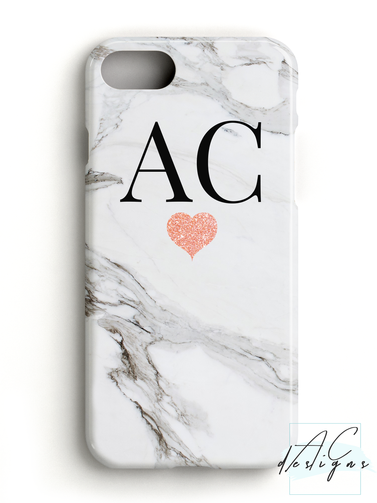 Grey/White Marble Monogram Initials Phone Case with Glitter Heart