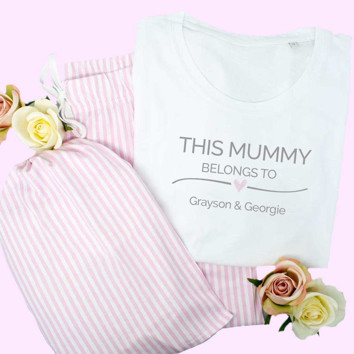 Personalised This Mummy Belongs To - Pink White Striped PJs Pyjamas Se ...