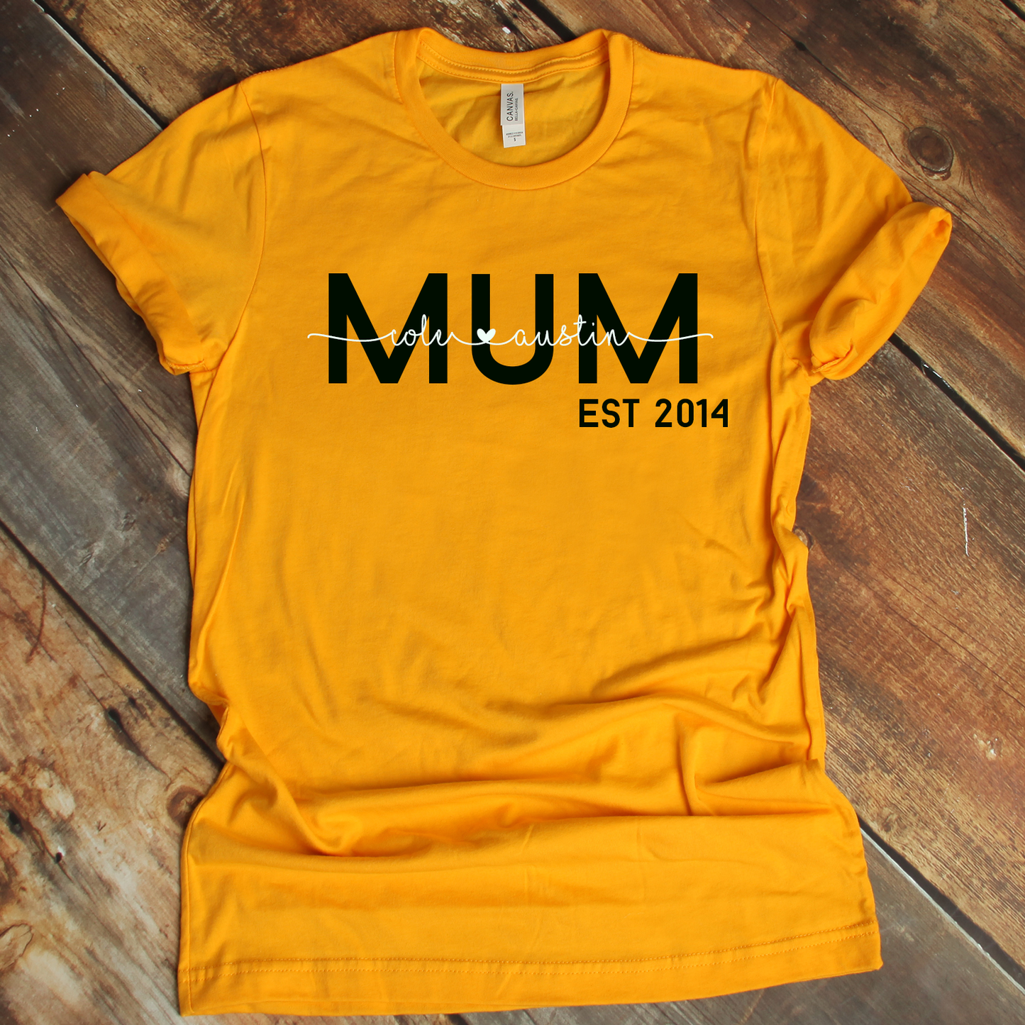 Personalised Mum - est date mustard yellow t-shirt