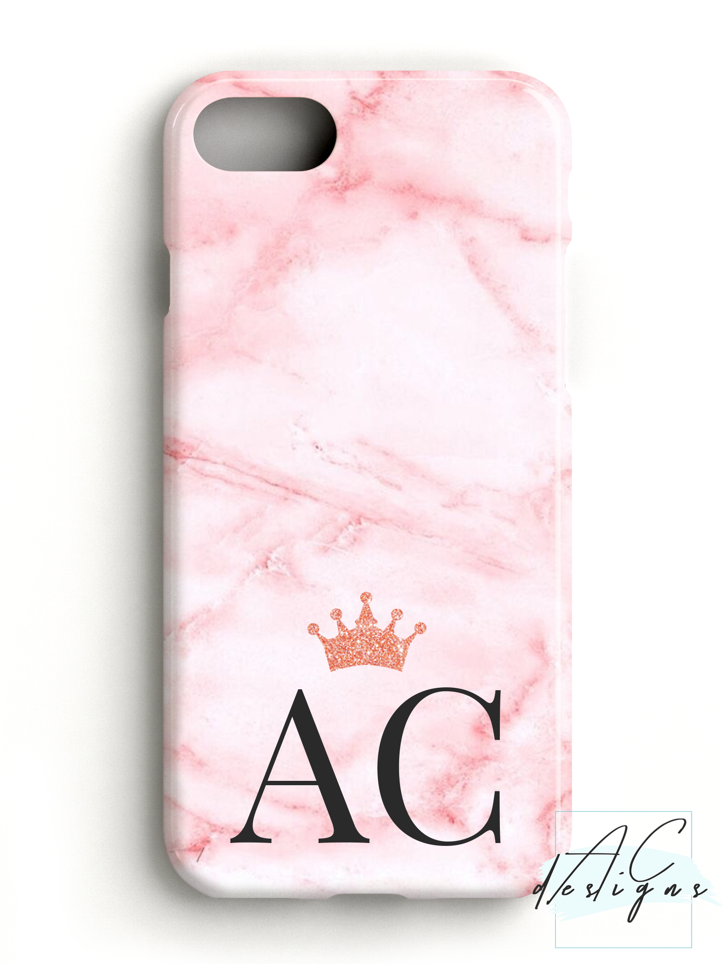 Marble Pink Monogram Initials Phone Case with Glitter Crown