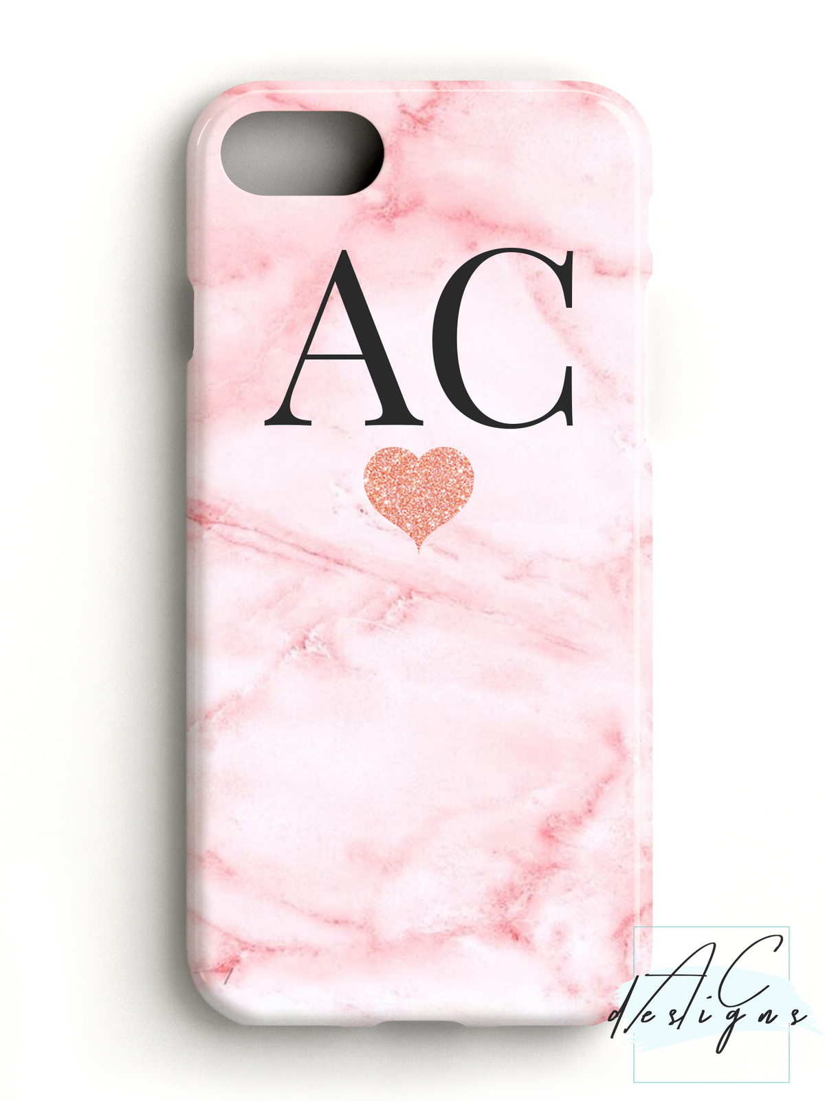 Pink Marble Monogram Initials Phone Case with Glitter Heart