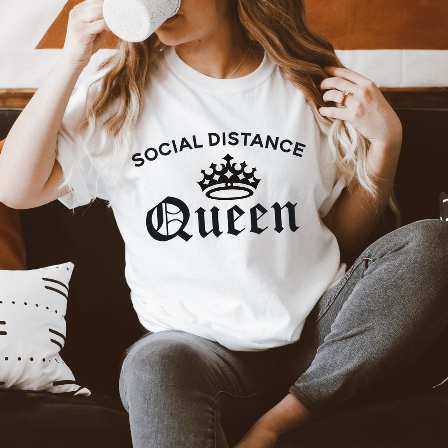 Social Distance Queen White Casual T-Shirt -COVID-19 tee