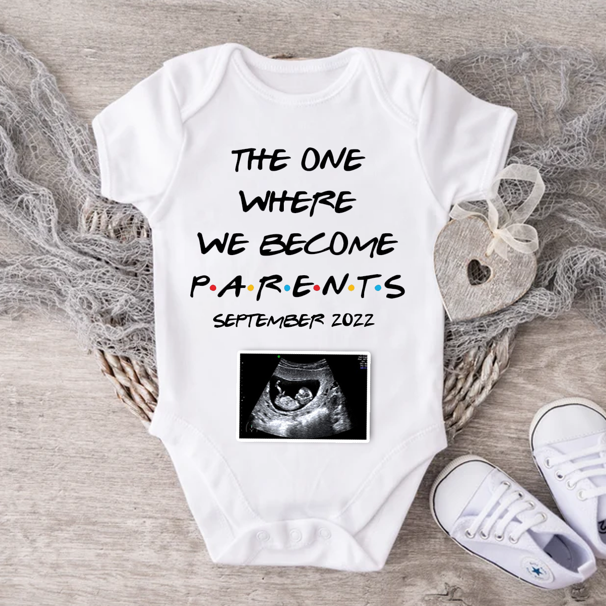 Personalised - The One Where We Become Parents FRIENDS Announcement Baby Vest Bodysuit