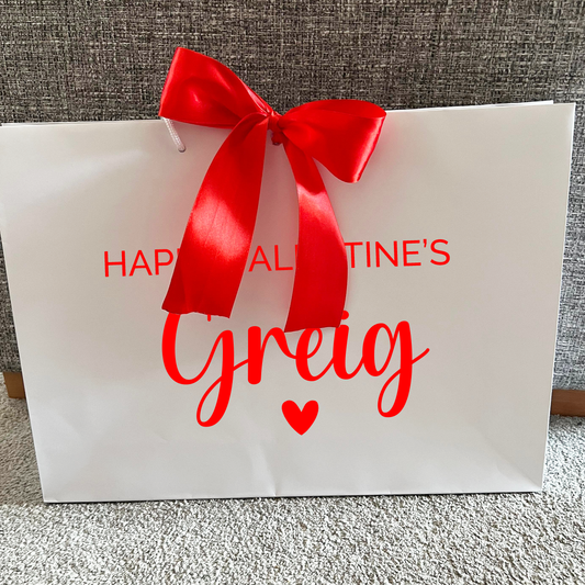 Personalised Happy Valentine's White Gift Bag with red Ribbon - different size options